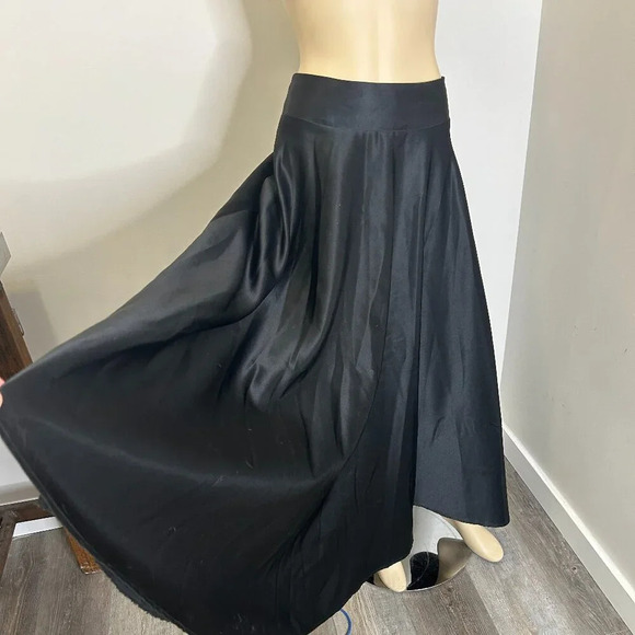 Vtg Black Satin Maxi Skirt Sz S | Whimsigoth Fairy A-Line Full Lined ASO Hepburn - Picture 4 of 6
